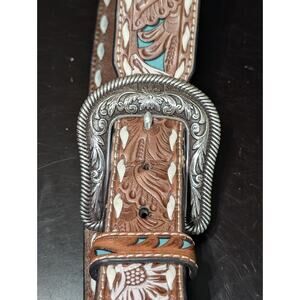 Nocona Western Leather Belt Women’s XL Brown Floral Tooled Laced Turquoise Inlay